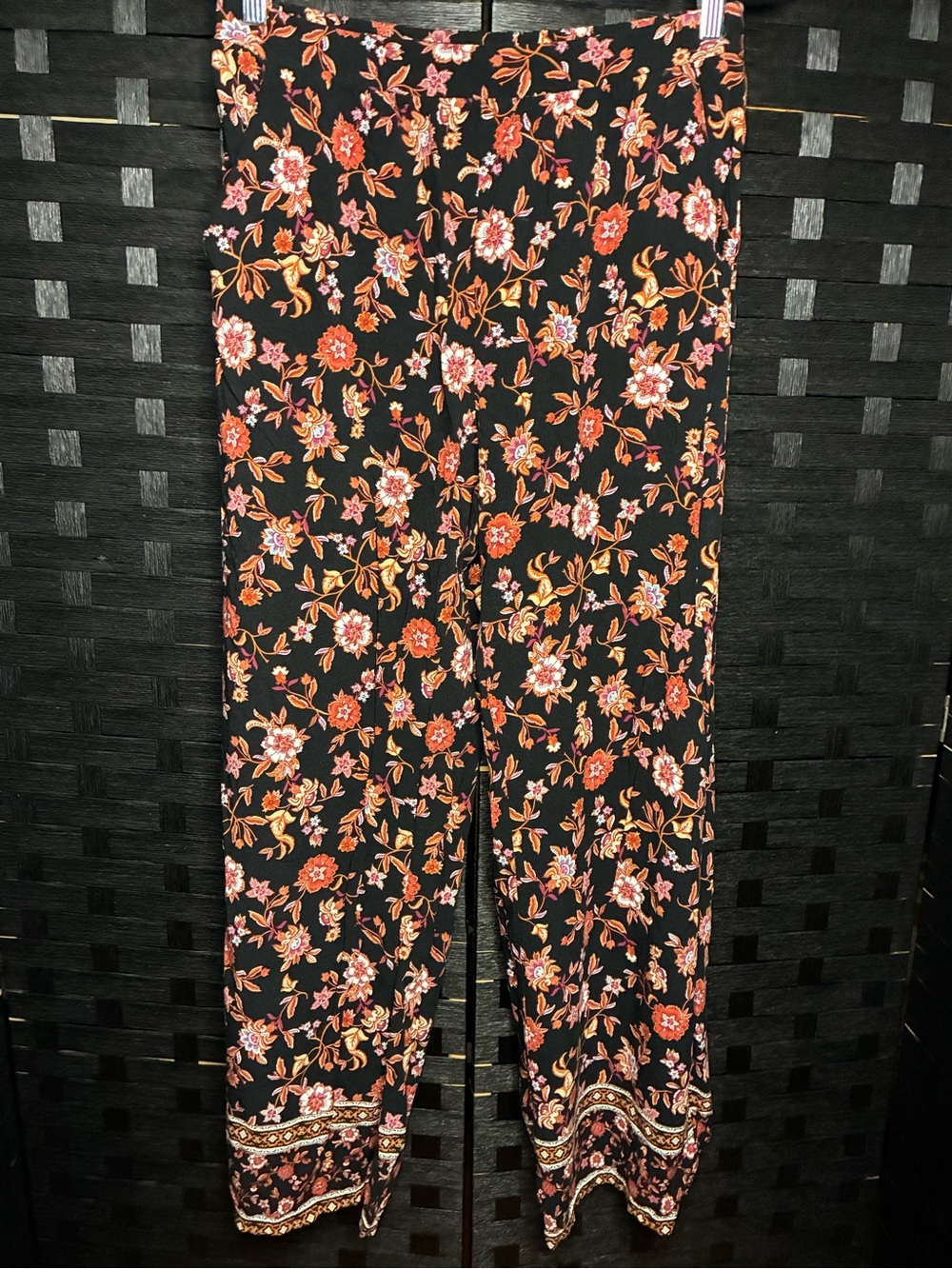 City Triangles Black Floral Wide-Leg Pants with Pink and Orange Accents